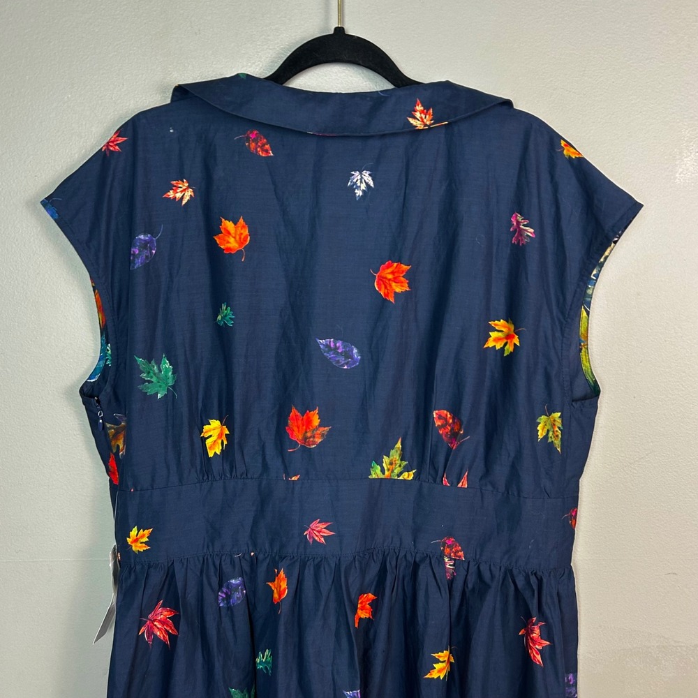 ModCloth Navy Dress with Red Orange Yellow Leaf Print - Picture 6 of 10